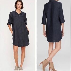 EILEEN FISHER 100% Organic Linen Henley Shirt Dress Dark Denim 3/4-Sleeve